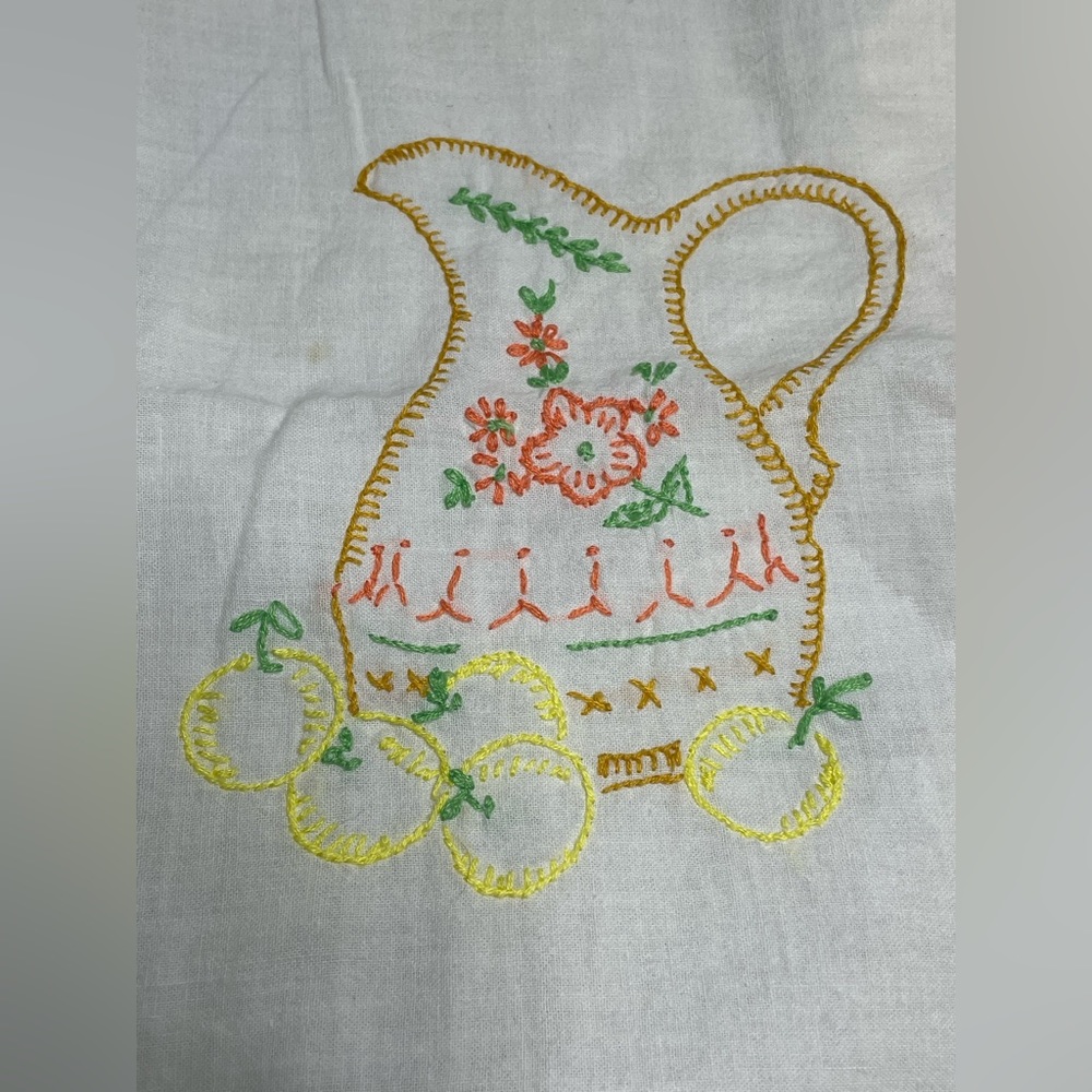 Jar & Fruit Embroidered Vintage Flour Sack Baking Towel 36x24” Red & Pink Stitch